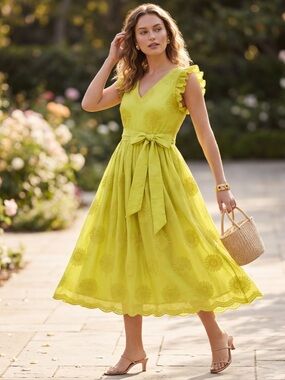 Kate Spade New York Yellow Sunflower Embroidered Ruffle Midi Dress Size 00